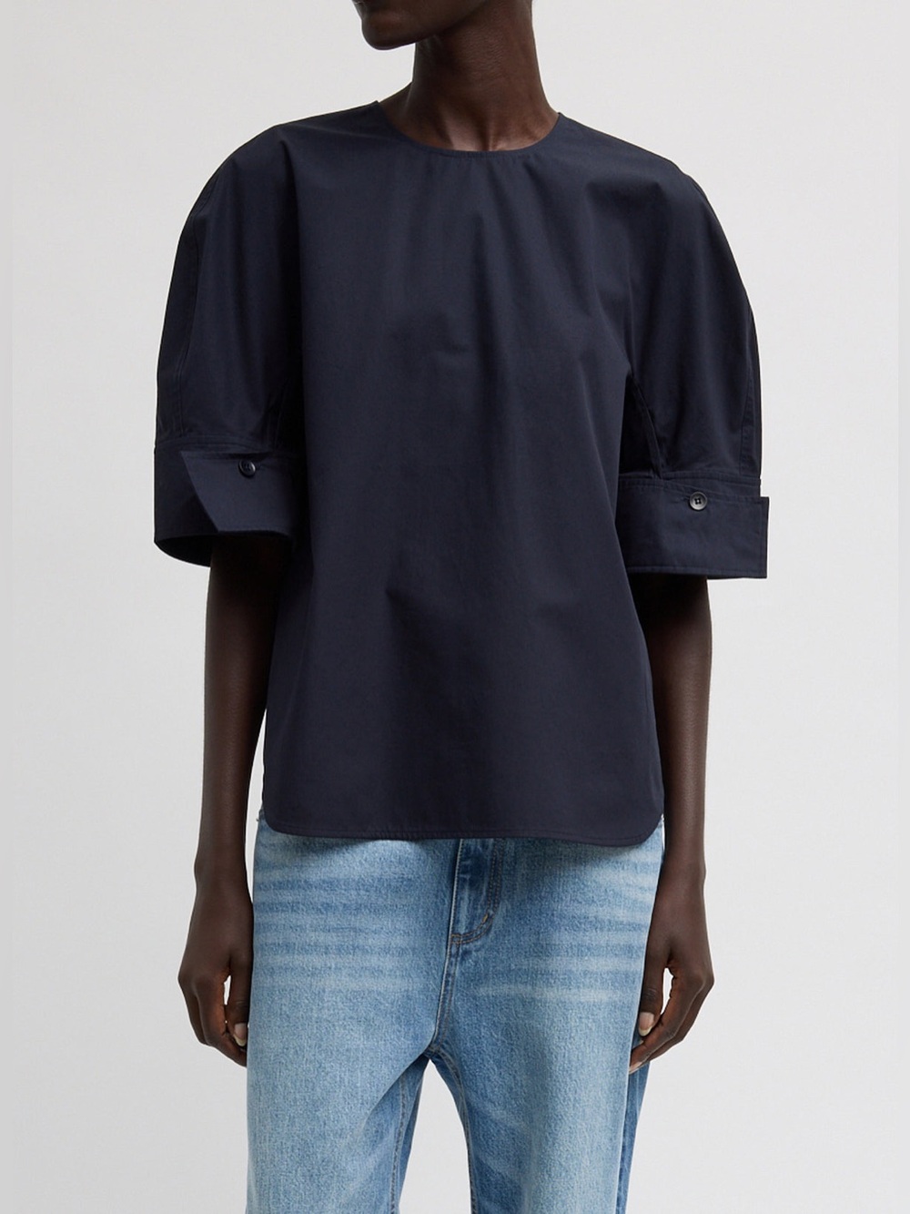 Tibi Compact Eco Poplin Reverse Sleeve Top - Navy